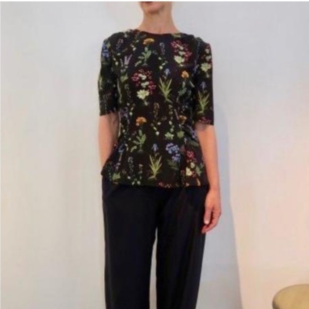 Altuzarra Christina Black Floral Garden Print Silk Short Sleeve Peplum Blouse 38